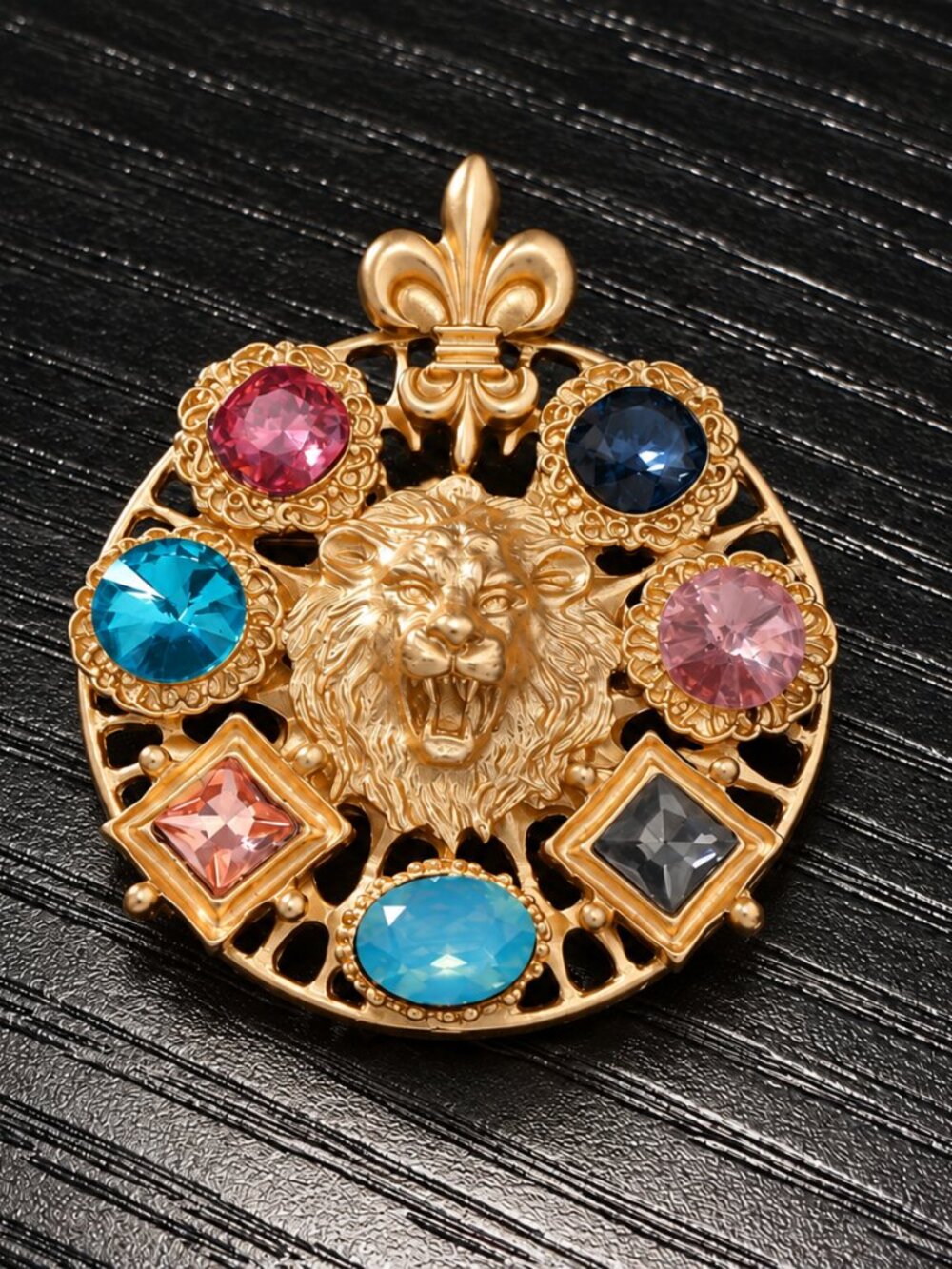 Vintage Inspired Gold Lion Brooch Multicolor Crystal Fleur de Lis Statement Pin